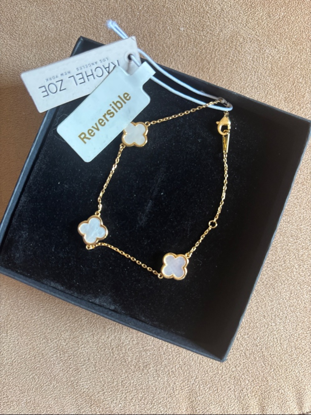 Rachel Zoe Gold Tone Bracelet with White Clover Charms reversible NWT